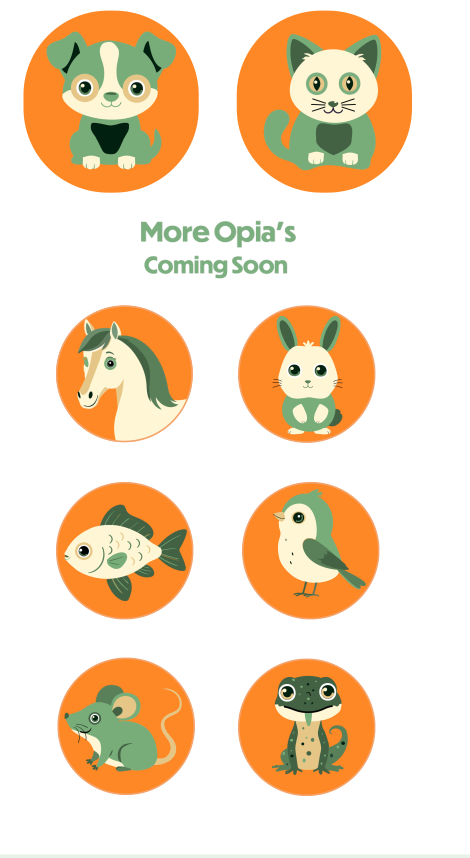 Illustrated PetsOpia pet avatars — dog, cat, horse, rabbit, fish, bird, mouse and gecko — with more species coming soon