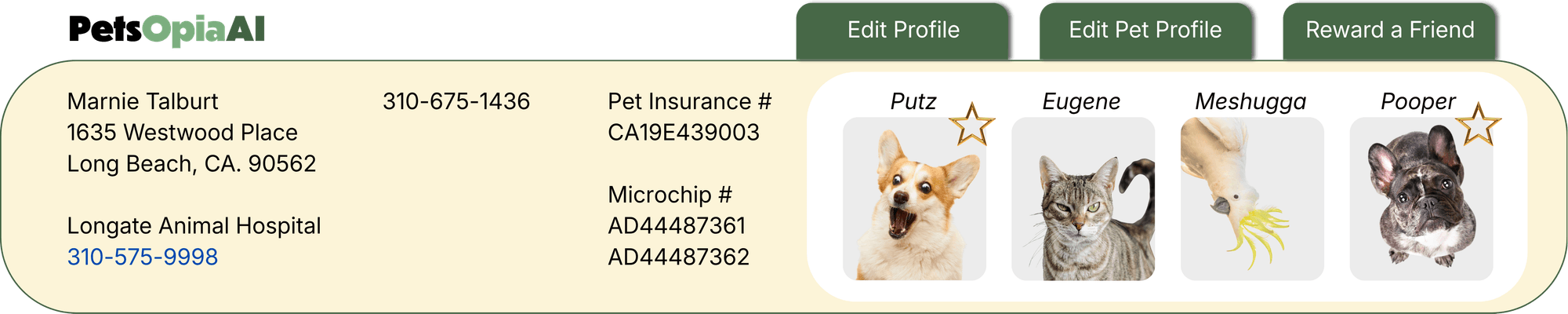 Sample Pet Parent Dashboard profile header: pet owner Marnie Talburt's address, phone, pet insurance and microchip numbers, with photo avatars of her four pets Putz, Eugene, Meshugga and Pooper, and Edit Profile, Edit Pet Profile and Reward a Friend buttons.