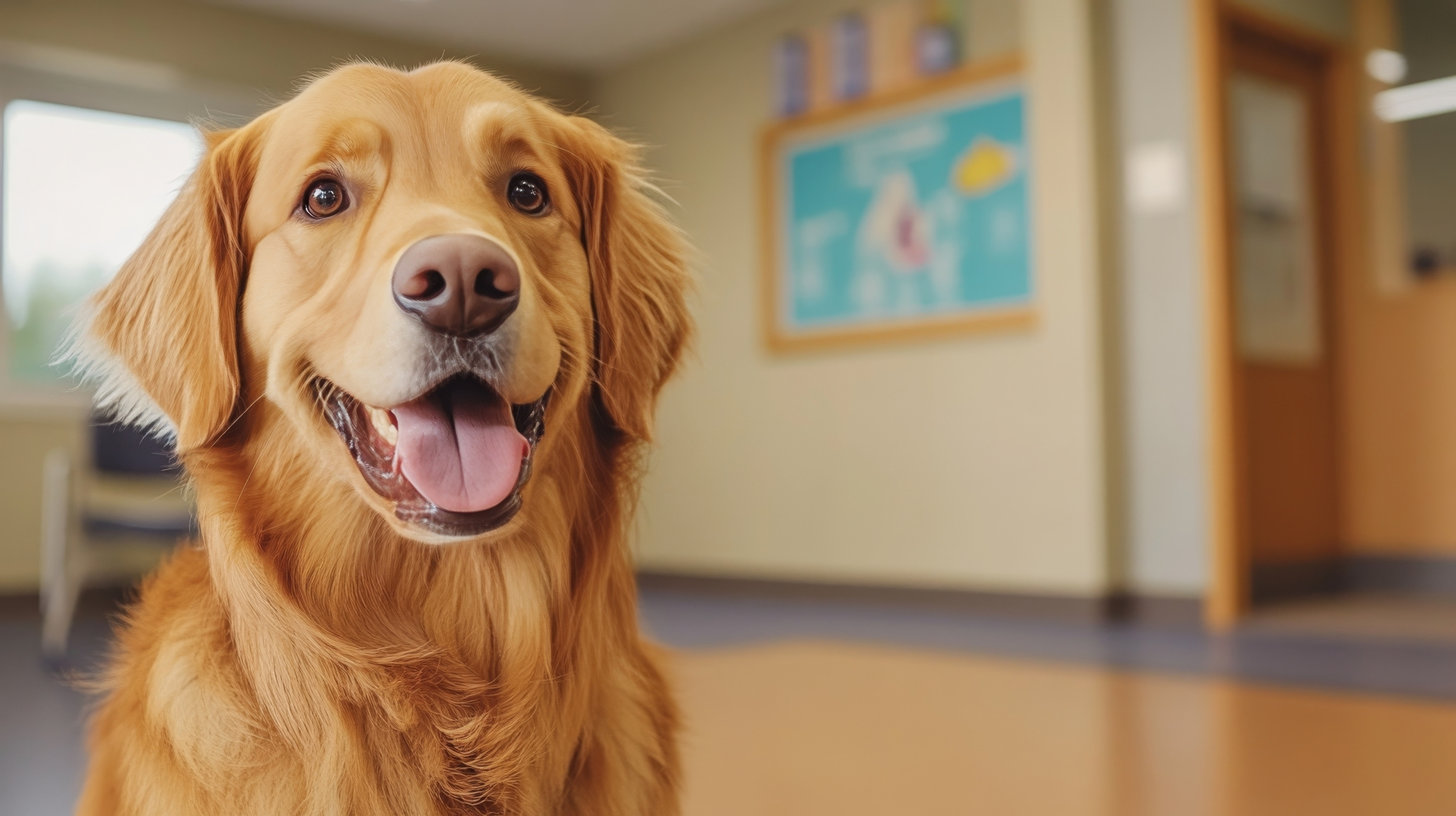 A happy golden retriever sitting in a bright veterinary hospital waiting room