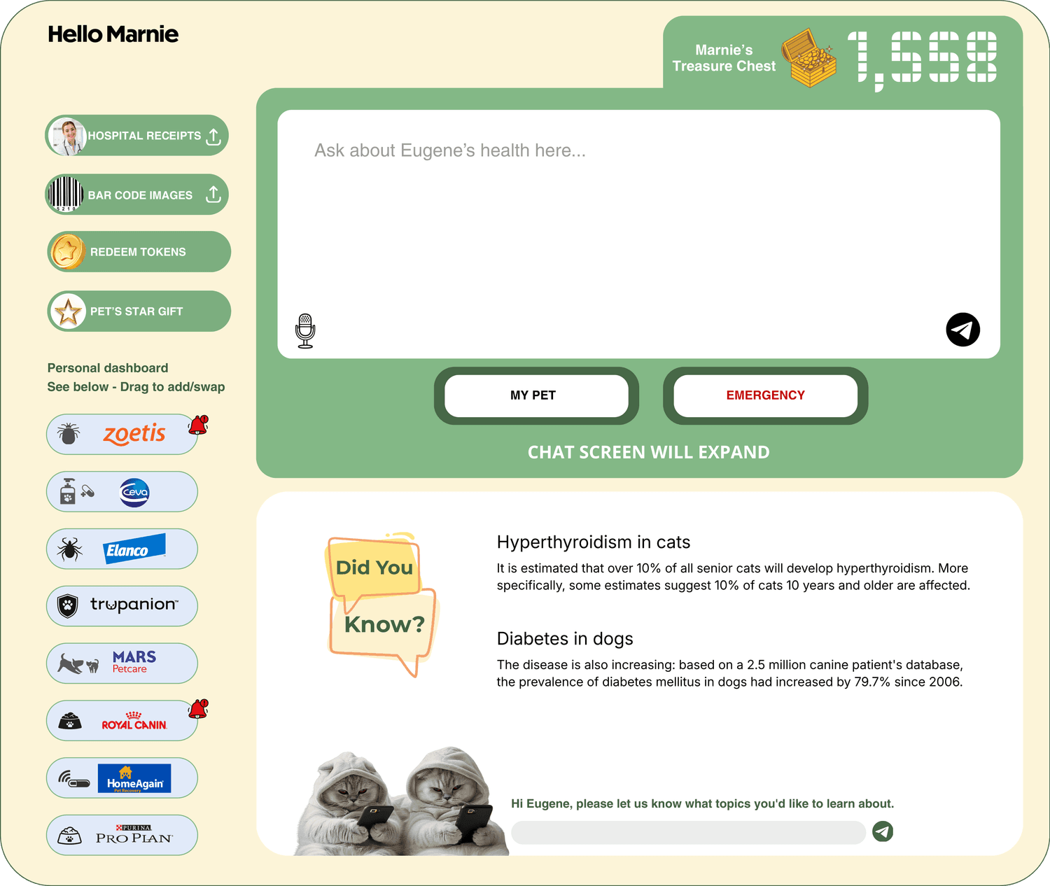 Sample PetsOpia Pet Parent Dashboard card: a 'Hello Marnie' panel with a token Treasure Chest, quick buttons for hospital receipts, bar-code images, redeeming tokens and pet star gifts, a drag-to-add row of pet-brand tiles, a 24 hour veterinary AI chat box, and a 'Did You Know' feed of pet-health facts about hyperthyroidism in cats and diabetes in dogs.